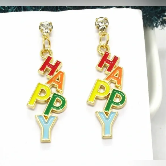 NWT Betsey Johnson Multicolor “Happy” Dangle Studded Earrings - Picture 3 of 6